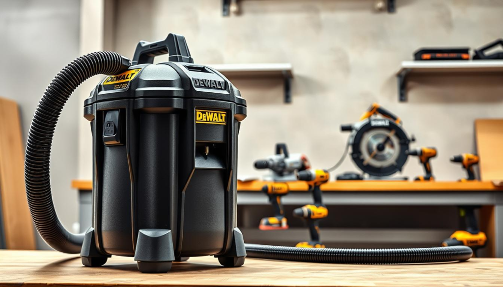 A high-quality, realistic image of a DEWALT dust extractor in a well-lit, industrial-style workshop setting. The extractor is prominently featured in the foreground, showcasing its sleek, sturdy design with clear details of the vacuum hose connection, power switch, and dust collection bin. The middle ground features an assortment of DEWALT power tools, including a circular saw and a drill, arranged neatly on a workbench. The background depicts a neutral-toned wall with shelving units, suggesting a professional, organized workspace. The lighting is natural and diffused, creating soft shadows and highlights that accentuate the product's features. The overall mood is one of efficiency, practicality, and a commitment to dust management in a workshop environment.