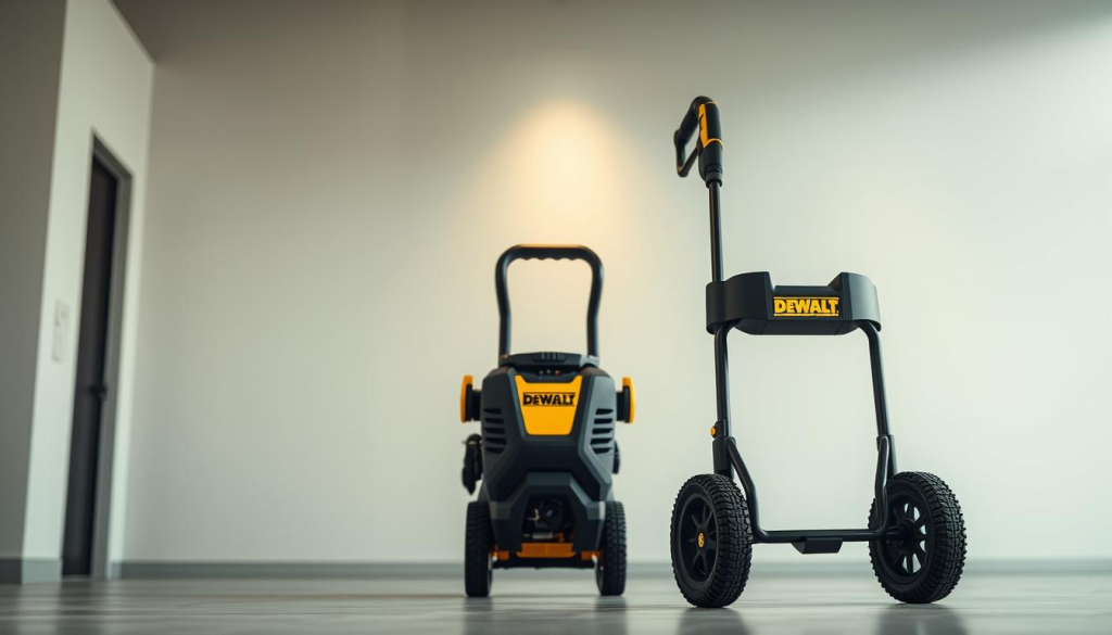 A high-quality, sleek DEWALT pressure washer in a well-lit, modern setting. The washer is positioned prominently in the foreground, showcasing its sturdy construction and eye-catching design. The middle ground features a clean, minimalist background, allowing the pressure washer to take center stage. The lighting is soft and diffused, creating a warm, inviting atmosphere. The camera angle is slightly elevated, providing a clean, unobstructed view of the device. The overall composition conveys the power, reliability, and user-friendly nature of the DEWALT pressure washer.