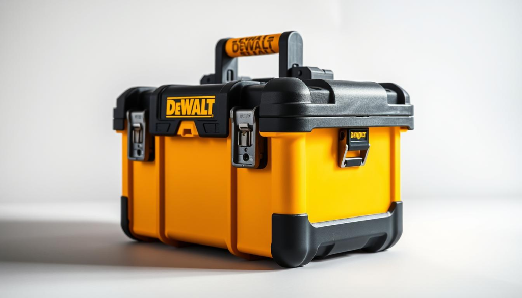 A high-quality, well-lit image of a DeWalt portable tool box. The tool box is centered in the frame, capturing its sturdy, rectangular shape and industrial design. The tool box is made of heavy-duty steel with a durable powder-coated finish, featuring the iconic DeWalt yellow and black color scheme. The tool box has multiple storage compartments, latches, and a sturdy handle for easy transport. The background is a clean, neutral environment, allowing the tool box to be the focal point. Soft, directional lighting illuminates the tool box, creating depth and highlighting its rugged, professional-grade construction. The overall tone is practical, utilitarian, and focused on showcasing the tool box's durability and functionality.