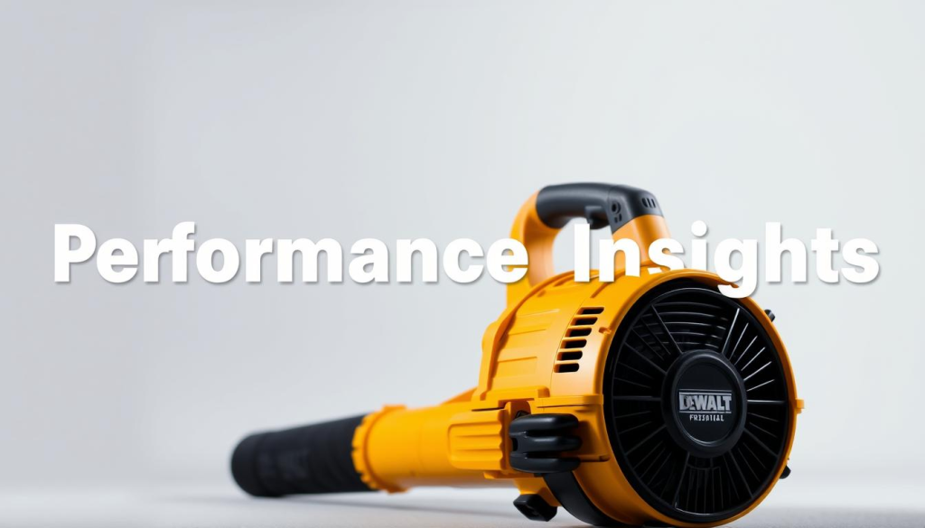 A high-resolution, close-up photograph of a DEWALT leaf blower, captured in a well-lit, professional studio setting. The leaf blower is positioned prominently in the foreground, its sleek, modern design and powerful engine visible in intricate detail. The background is a plain, neutral color, allowing the subject to stand out. Subtle shadows and highlights accentuate the contours and textures of the leaf blower, conveying a sense of quality and performance. The overall mood is one of technical precision and product expertise, reflecting the "Performance Insights" theme.