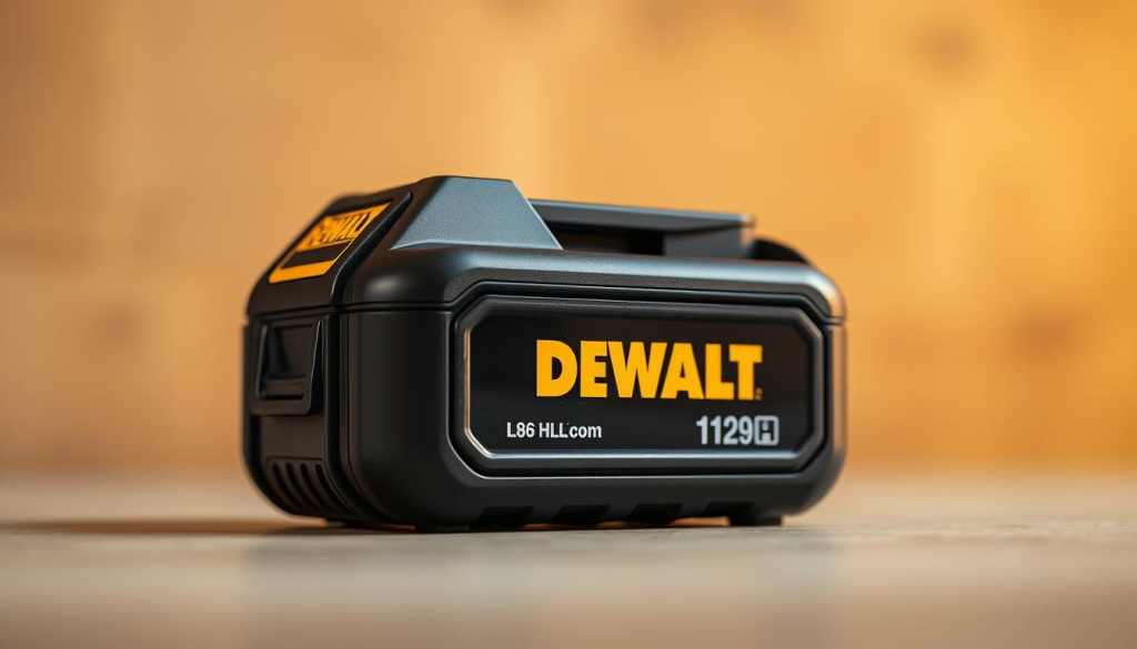 A high-resolution, photorealistic image of a DEWALT leaf blower battery. The battery is centered in the foreground, with a soft, warm lighting illuminating its sleek black and yellow design. The background is blurred, placing the focus entirely on the battery's details - the DEWALT logo, the battery capacity indicators, and the sturdy construction. The image is shot at a slight angle, creating a sense of depth and emphasizing the battery's form. The overall mood is one of power, durability, and high-quality craftsmanship, reflecting the DEWALT brand.
