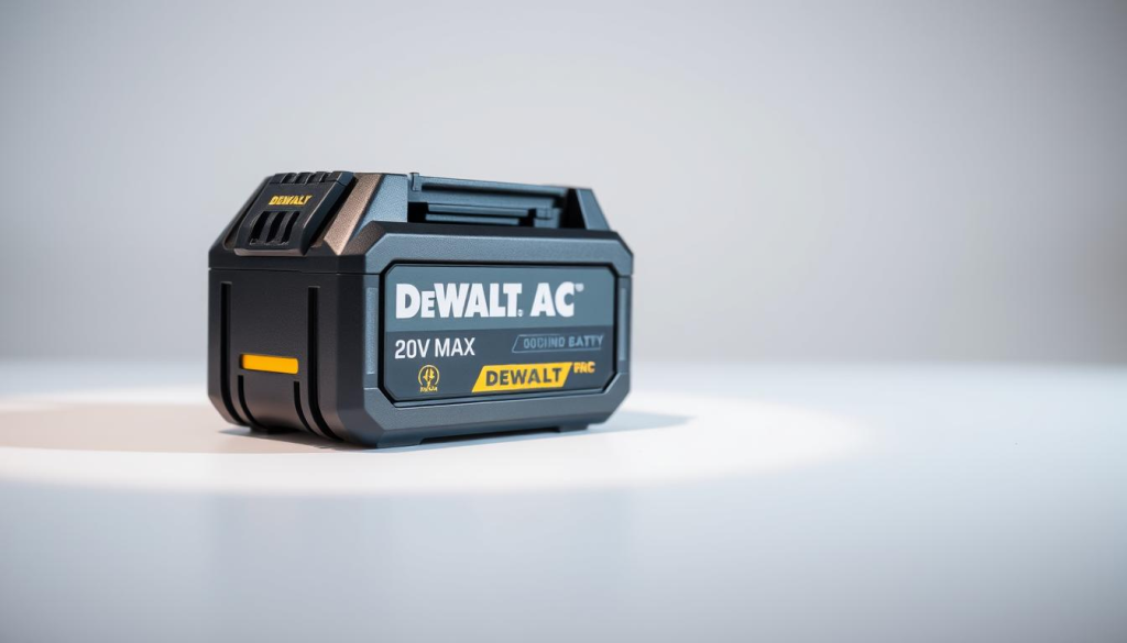 A high-tech DEWALT 20V MAX battery pack, showcased in a clean, well-lit studio environment. The battery's sleek, modern design features visible advanced circuitry and power terminals. Precise angles and shadows highlight the battery's robust construction and rugged durability. In the background, a soft, neutral gradient provides a minimalist backdrop, emphasizing the battery's cutting-edge technology. The overall composition conveys the DEWALT 20V MAX battery's power, efficiency, and reliability, reflecting the "Battery Technology and Runtime Advantages" section of the article.