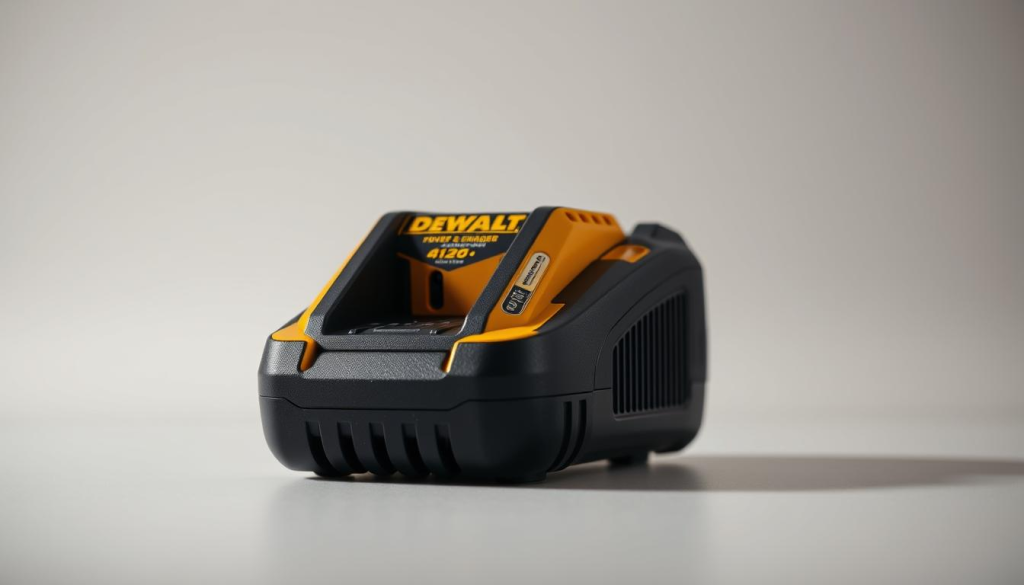 A highly detailed and realistic image of a DEWALT power tool charger. The charger is prominently displayed in the center of the frame, with a clean and uncluttered background. The charger is captured from a slightly low angle, highlighting its robust and sturdy construction. The lighting is soft and directional, creating subtle shadows that accentuate the textures and contours of the device. The charger's yellow and black color scheme is vibrant and eye-catching, conveying a sense of power and reliability. The overall mood is one of professionalism and utility, reflecting the high-quality nature of the DEWALT brand and the benefits of owning such a charger.