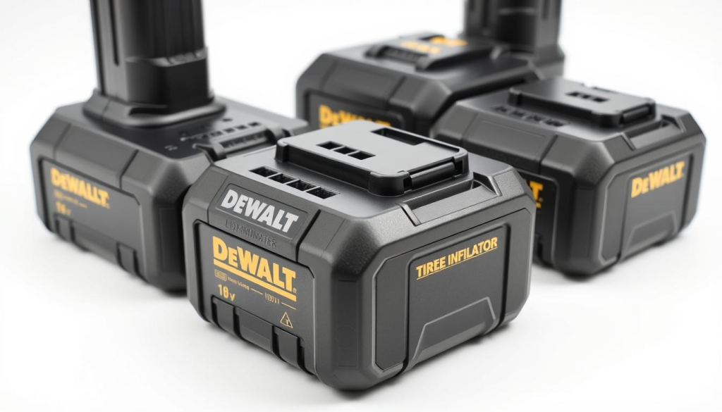 A highly detailed, close-up photograph of a DEWALT 18V compact lithium-ion battery pack. The battery is shown from multiple angles, showcasing its sleek, ergonomic design with smooth lines and a matte black finish. The image captures the battery's robust construction, with visible textural details of the casing and connections. Bright, even lighting illuminates the battery, emphasizing its compact size and portability. The background is a clean, minimalist white studio setting, allowing the battery to be the sole focus of the image. The overall tone is professional, highlighting the battery's high-quality engineering and suitability for the featured DEWALT tire inflator product.