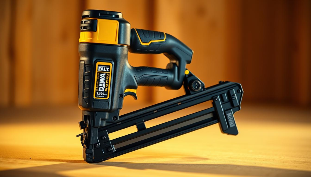 A highly detailed, photo-realistic image of a Dewalt cordless framing nail gun. The nailer is the central focus, set against a soft, out-of-focus background. Warm, directional lighting casts subtle shadows, highlighting the tool's sleek, industrial design. The matte black body and yellow accents reflect the iconic Dewalt branding. The nail gun is positioned at a slight angle, capturing its ergonomic grip and trigger mechanism. The overall composition conveys a sense of quality, power, and precision - reflecting the tool's excellent customer reviews and testimonials.