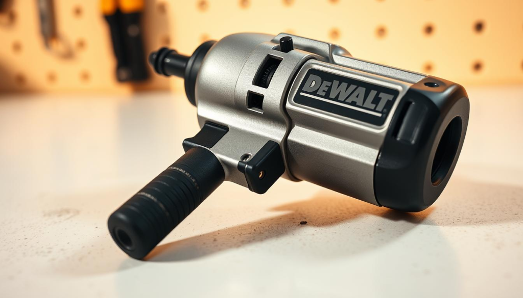 A metallic DeWalt 1/2 inch impact wrench resting on a clean, well-lit workbench. The wrench's ergonomic, sleek design is prominently featured, showcasing its smooth curves and sturdy construction. Warm, directional lighting casts subtle shadows, highlighting the intricate textures and high-quality materials. The image is captured from a low, three-quarter angle, emphasizing the wrench's powerful, yet balanced appearance. The background is minimalist, allowing the tool's design to be the focal point, conveying a sense of precision, durability, and thoughtful engineering.