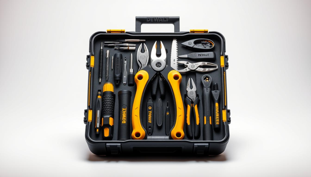 A meticulously crafted DEWALT multi-tool kit, its sleek black casing and yellow accents gleaming under warm studio lighting. The tools are precisely arranged, showcasing the diverse range of attachments - screwdrivers, pliers, saws, and more. The kit is positioned on a clean, white surface, allowing the viewer to appreciate the thoughtful design and attention to detail. The overall composition conveys a sense of professionalism and the kit's versatility as the ultimate DIY companion.