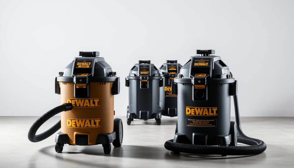 A meticulously crafted comparison of DEWALT shop vacs, showcasing their impressive designs and features against a clean, well-lit backdrop. The foreground displays the latest DEWALT model, its sleek, durable construction and powerful suction capabilities highlighted by subtle side-lighting. In the middle ground, the competing models are neatly arranged, their unique attributes and specifications evident. The background maintains a subtle, minimalist aesthetic, allowing the shop vacs to take center stage and inviting the viewer to closely examine and compare the details. Crisp, high-resolution photography captures every nuance, creating a comprehensive visual guide for the discerning DIY enthusiast.