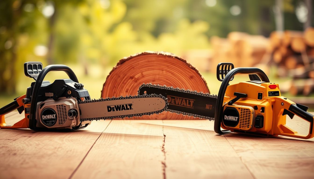 A meticulously crafted comparison of the best DeWalt chainsaw models, showcased against a crisp, well-lit backdrop. Prominent in the foreground, the chainsaws are displayed in a clean, symmetrical arrangement, their sleek silhouettes and distinctive features clearly visible. The middle ground features a textured, natural wooden surface, hinting at the power and versatility of these tools. The background is a softly blurred, natural setting, evoking the outdoor environment where these chainsaws excel. Warm, directional lighting accentuates the chainsaws' sturdy construction and high-quality finish, creating a sense of refined professionalism. The overall composition conveys a sense of authority, expertise, and the ability of these DeWalt chainsaws to tackle the most demanding woodcutting tasks.