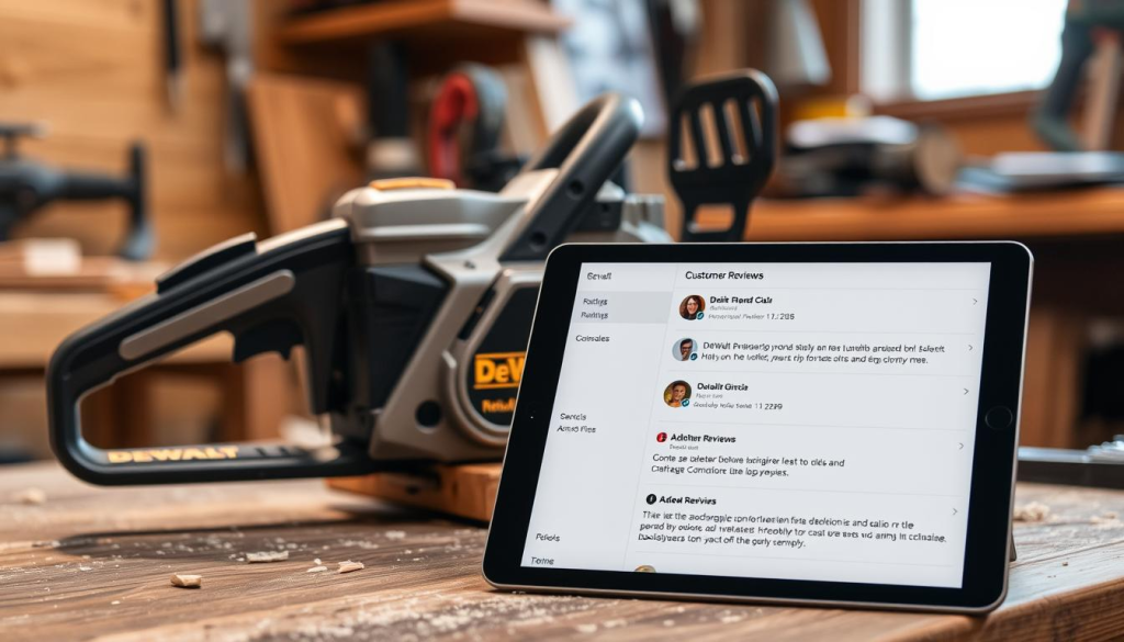 A modern DeWalt chainsaw resting on a wooden workbench, its metallic body gleaming under soft lighting. In the foreground, customer reviews are displayed on a tablet device, showcasing user feedback and ratings. The background depicts a cozy workshop setting, with tools and sawdust scattered around, conveying a sense of functionality and practical use. The overall atmosphere is one of utility and reliability, reflecting the reputation of the DeWalt brand for high-quality power tools.