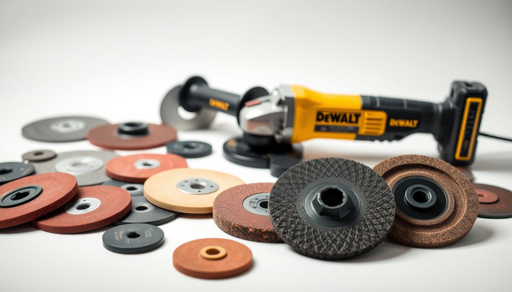 A neatly arranged assortment of DEWALT grinder accessories on a clean, white background. In the foreground, various grinding discs, cutting wheels, and polishing pads in a range of sizes and grits. In the middle ground, a high-quality DEWALT angle grinder with a sleek, black and yellow design, casting a soft, directional light across the scene. In the background, a crisp, evenly lit environment that highlights the premium quality and attention to detail of the DEWALT brand. The overall composition conveys the comprehensive suite of accessories available to unleash the full power and versatility of the DEWALT grinder, catering to a wide variety of applications.