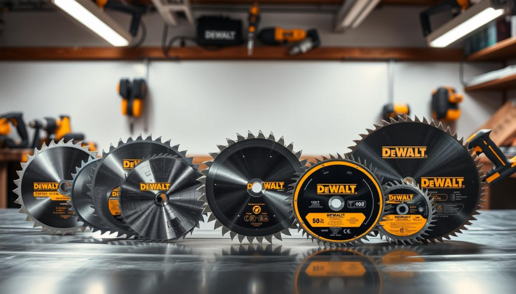 A neatly arranged display of DEWALT saw blades in a well-lit, clean workshop setting. The blades are presented on a sleek, metallic surface, showcasing their precision engineering and sharp teeth. The foreground features a variety of blade sizes and types, such as circular saw blades, jigsaw blades, and reciprocating saw blades, all meticulously detailed. The middle ground includes a subtle background of sturdy DEWALT power tools, hinting at the versatility and reliability of the brand. The lighting is soft and directional, casting subtle shadows that accentuate the blades' contours and the overall sense of quality craftsmanship. The atmosphere conveys a professional, well-organized, and purpose-driven workspace.