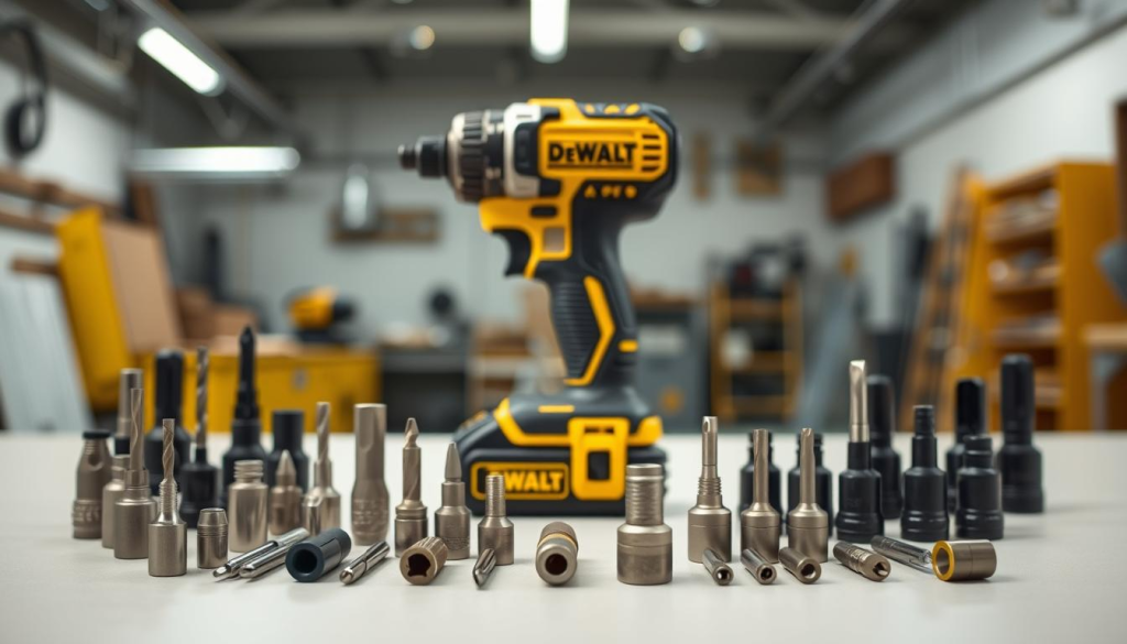A neatly arranged display of DeWalt impact driver accessories, captured in a crisp, well-lit studio setup. In the foreground, an assortment of drill bits, screwdriver tips, and socket adapters are elegantly presented on a clean, neutral surface. The middle ground features the main impact driver, its sleek black and yellow design complementing the accessories. In the background, a softly blurred industrial-style workshop setting creates a professional, yet inviting atmosphere. The lighting is balanced, highlighting the textures and details of the products. The overall composition conveys the versatility and quality of the DeWalt impact driver accessory lineup.