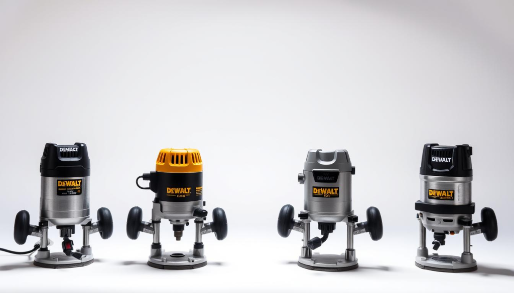 A neatly arranged display of the most popular DEWALT router models, showcased against a crisp, well-lit studio backdrop. The routers are positioned in the foreground, each model highlighted with clean, precise lighting that emphasizes their robust, professional-grade construction. In the middle ground, a subtle gradient or textured surface adds depth and visual interest, while the background remains clean and uncluttered, allowing the tools to take center stage. The overall mood is one of precision, power, and the trustworthiness that DEWALT's brand is known for, inviting the viewer to imagine the routers in action, tackling intricate woodworking projects with ease.