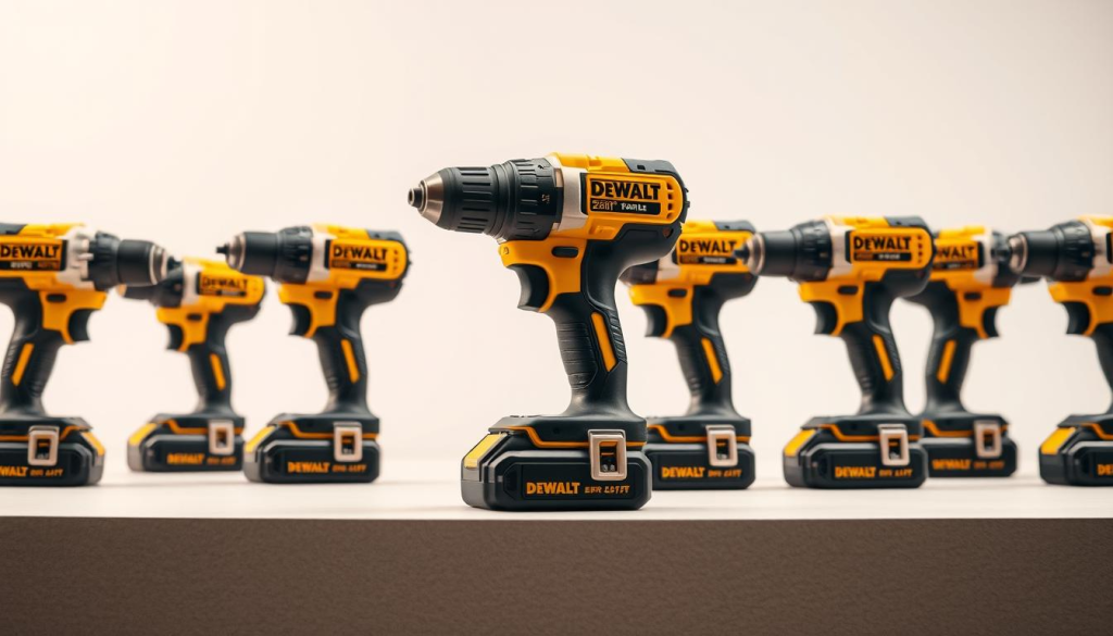 A neatly arranged group of DEWALT cordless power drills set against a clean, well-lit backdrop. The drills are displayed in the foreground, showcasing their sleek, modern design with textured grip handles and metallic accents. The middle ground features a neutral-toned surface, allowing the tools to take center stage. The background is softly blurred, creating a sense of depth and focus on the DEWALT brand. The overall lighting is bright and directional, highlighting the drills' high-quality construction and attention to detail. The scene conveys a professional, premium quality that aligns with the DEWALT brand reputation for durability and performance.