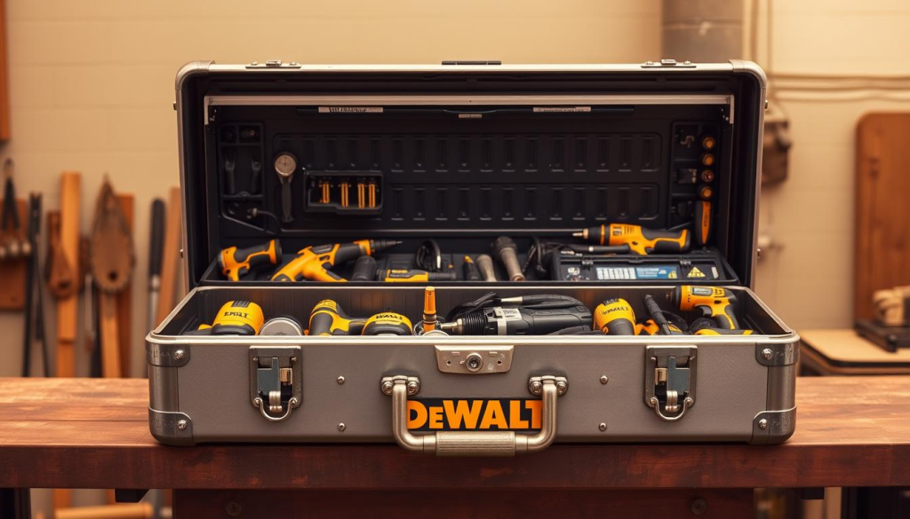 A neatly organized DeWalt tool box sits atop a sturdy workbench, bathed in warm, diffused lighting. The metal exterior gleams with a rugged, industrial charm, while the interior trays and compartments are meticulously arranged, showcasing a diverse array of DeWalt power tools and accessories. The scene conveys a sense of meticulous care and efficiency, perfectly capturing the ethos of maintaining a well-organized DeWalt tool box for optimal performance on the worksite.