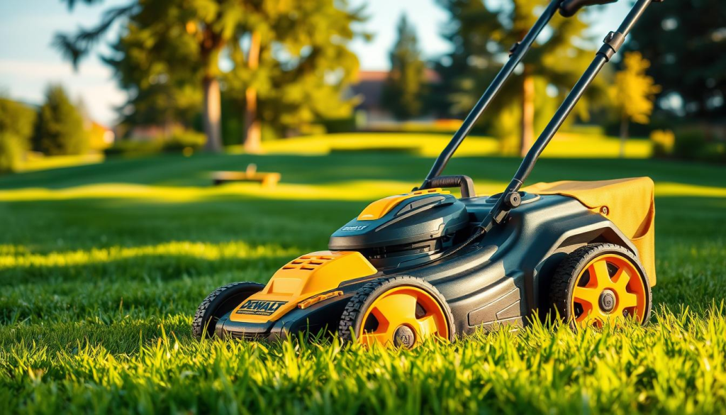 A pristine DEWALT electric lawn mower standing proudly in a lush, well-manicured backyard. The mower's sleek, black and yellow body gleams under the warm, golden sunlight, its powerful electric motor and large rear wheels suggesting impressive performance. The foreground is in sharp focus, highlighting the mower's sturdy construction and ergonomic design. In the middle ground, a beautifully landscaped lawn stretches out, its vibrant green hues contrasting with the mower's bold colors. The background features a tranquil, suburban setting with tall trees and a clear, blue sky, conveying a sense of peaceful, eco-friendly yard maintenance.