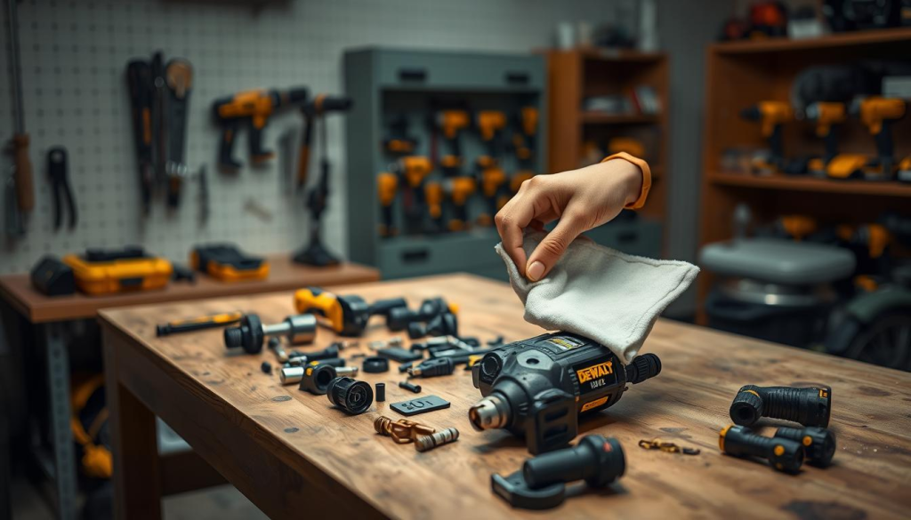 A pristine DeWalt workshop, dimly lit with warm, focused lighting. On a sturdy workbench, a disassembled DeWalt 1/2 impact wrench lies in an orderly arrangement, each component meticulously displayed. In the foreground, a pair of skilled hands inspects the inner workings, gently wiping down the parts with a clean cloth. The background features a wall-mounted tool cabinet, its shelves stocked with a variety of DeWalt power tools, signifying a well-equipped maintenance station. The overall atmosphere conveys a sense of precision, care, and dedication to preserving the longevity of these reliable tools.