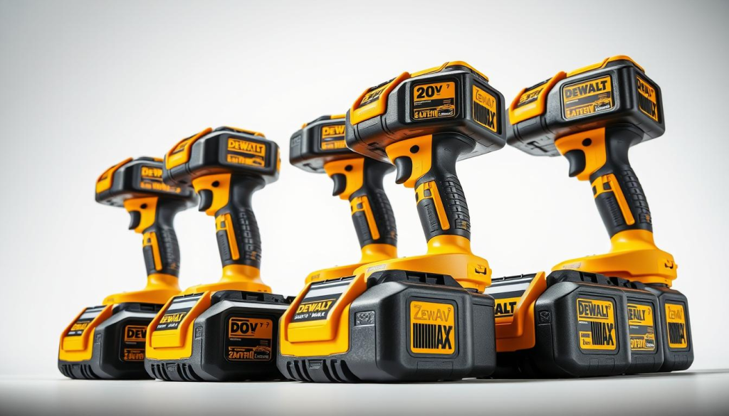 A pristine array of high-performance DEWALT 20V MAX* lithium-ion batteries, gleaming under a crisp studio light. The batteries are displayed against a clean, minimalist background, allowing their sleek, durable design to take center stage. The camera captures the batteries from a low, slightly angled perspective, emphasizing their solid construction and power. The image conveys a sense of reliability, efficiency, and the rugged capabilities that DEWALT 20V batteries offer, perfectly aligning with the article's focus on their long-lasting performance and durability.