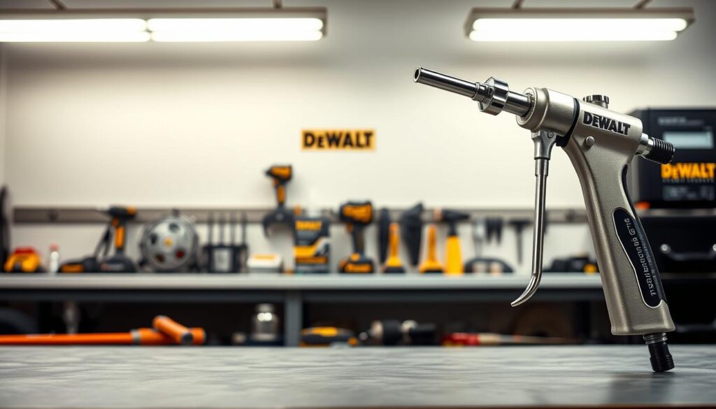 A pristine, well-lit workshop setting showcasing a Dewalt grease gun in the foreground. The gun's metallic body gleams under a soft, even lighting, highlighting its robust construction and attention to detail. In the middle ground, various Dewalt tools and accessories are neatly arranged, emphasizing the brand's comprehensive lubricating solutions. The background features a clean, minimalist backdrop, allowing the product to take center stage. The overall composition conveys a sense of professionalism, reliability, and the high-quality engineering that defines Dewalt's grease gun lineup.