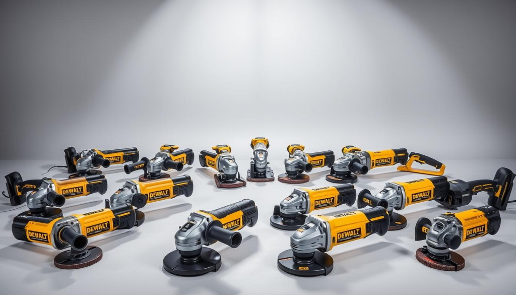 A professional, high-quality comparison of DEWALT grinders showcased in a well-lit, studio-style setting. In the foreground, an array of DEWALT grinders in various sizes and models, their metallic bodies and sleek designs prominently displayed. In the middle ground, similar grinders from competing brands positioned for side-by-side comparison, highlighting the unique features and capabilities of the DEWALT lineup. The background is a clean, minimalist backdrop, allowing the tools to take center stage. Dramatic lighting accentuates the power and precision of the DEWALT grinders, conveying a sense of industrial strength and reliable performance.