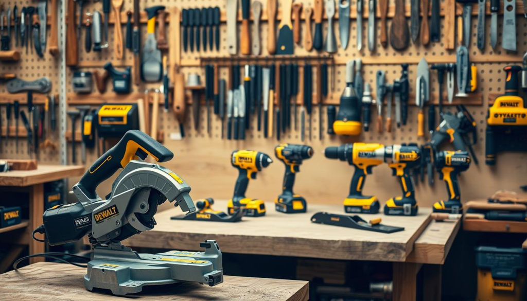 A professional woodworking workshop filled with a diverse array of high-quality DEWALT power tools. In the foreground, a DEWALT miter saw and circular saw sit on a sturdy workbench, their yellow and black accents gleaming under warm, directional lighting. In the middle ground, a DEWALT drill and impact driver stand ready, their ergonomic grips and powerful motors hinting at their capabilities. The background showcases an assortment of DEWALT hand tools, including chisels, planes, and a router, all neatly organized on wall-mounted racks. The overall atmosphere conveys a sense of precision, efficiency, and the pride of a seasoned woodworking professional.