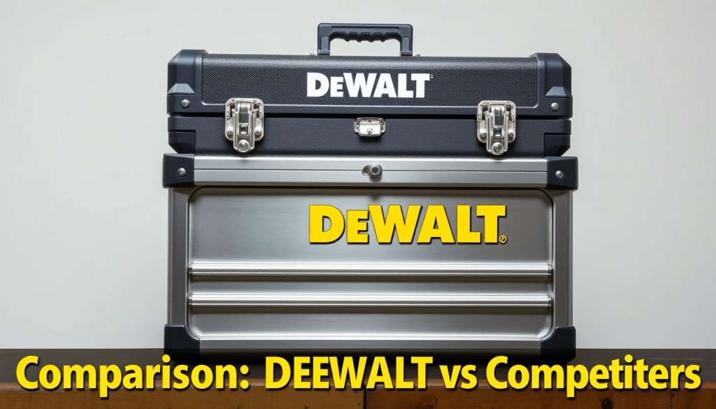 A rugged, industrial-grade DEWALT tool box standing prominently on a workbench, its metallic chassis gleaming under crisp studio lighting. The box's exterior features the iconic DEWALT logo and branding, conveying a sense of durability and reliability. In the foreground, the tool box's various compartments and drawers are visible, hinting at the organized storage space within. The background is a clean, minimalist environment, allowing the tool box to be the central focus. The overall scene exudes a professional, no-nonsense atmosphere befitting the DEWALT brand and the "Comparison: DEWALT vs. Competitors" section of the article.