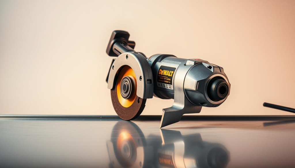 A silver and black DeWalt angle grinder resting on a clean, smooth metal surface. The tool's powerful motor and durable, ergonomic design are prominently featured, illuminated by warm, directional lighting that casts subtle shadows. The grinder's disc is spinning slowly, creating a sense of motion and functionality. The background is a clean, neutral studio environment, allowing the angle grinder to be the central focus. The overall mood is professional, highlighting the tool's utility and the benefits of using a high-quality DeWalt angle grinder for versatile grinding tasks.