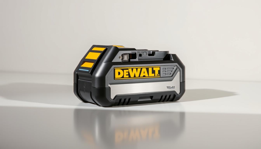 A sleek and modern DEWALT battery charger in a well-lit, minimalist studio setting. The charger sits atop a clean, reflective surface, casting a subtle shadow. The brushed metal exterior and yellow accents of the DEWALT logo create a bold, professional appearance. Soft, directional lighting from the side emphasizes the charger's contours and emphasizes its sturdy, high-quality construction. The overall composition conveys a sense of reliability, efficiency, and technical precision - qualities that reflect the advanced charging technology within.