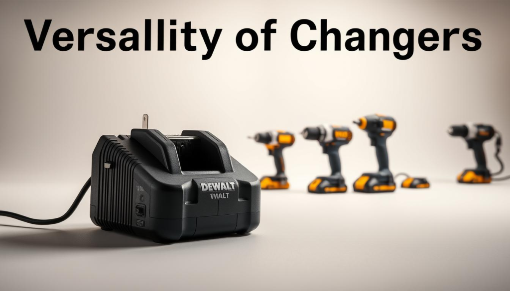 A sleek and modern Dewalt charger set against a minimalist, well-lit studio backdrop. The charger is prominently featured in the foreground, its clean lines and sturdy construction showcased under soft, directional lighting. The middle ground features a selection of Dewalt power tools, hinting at the charger's versatility and compatibility. The background maintains a neutral, uncluttered appearance, allowing the charger to take center stage. The overall composition exudes a sense of efficiency, durability, and technological sophistication, aligning with the "Versatility of Dewalt Chargers" theme.