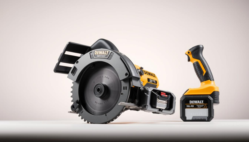 A sleek and powerful DEWALT cordless saw, its brushless motor and high-capacity battery pack prominently displayed in the foreground. The tool's robust construction and ergonomic design are highlighted, with attention to details like the sturdy metal blade guard and textured grip. The scene is set against a clean, neutral background, allowing the saw to take center stage. Soft, even lighting creates a sense of professionalism and technical precision, emphasizing the saw's capability and reliability. The composition and angle showcase the saw's key features, making it an ideal visual representation for the "Key Features of DEWALT Saws" section of the article.