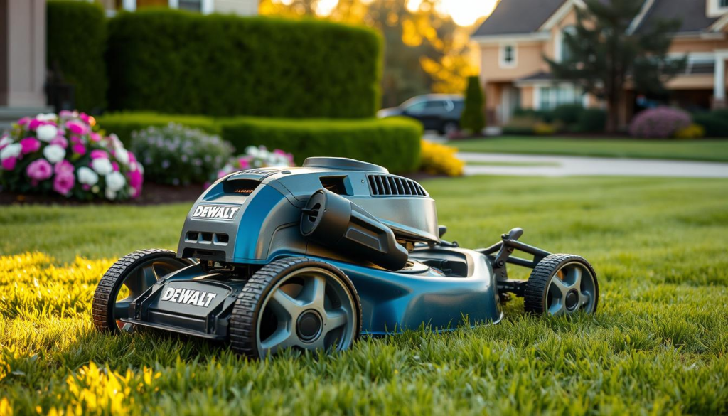 A sleek and powerful DEWALT self-propelled lawn mower sitting on a lush, verdant lawn, its metallic blue body gleaming under the warm afternoon sunlight. The mower's large rear wheels and sturdy frame suggest effortless maneuverability across the grass, while the sharp, well-maintained blades promise a clean, even cut. In the background, a picturesque suburban neighborhood with neatly trimmed hedges and blooming flowers sets the scene, conveying a sense of pride and well-maintained outdoor spaces. The image radiates a feeling of reliability, efficiency, and the satisfaction of a job well done, perfectly capturing the customer experience with this DEWALT lawn mower.