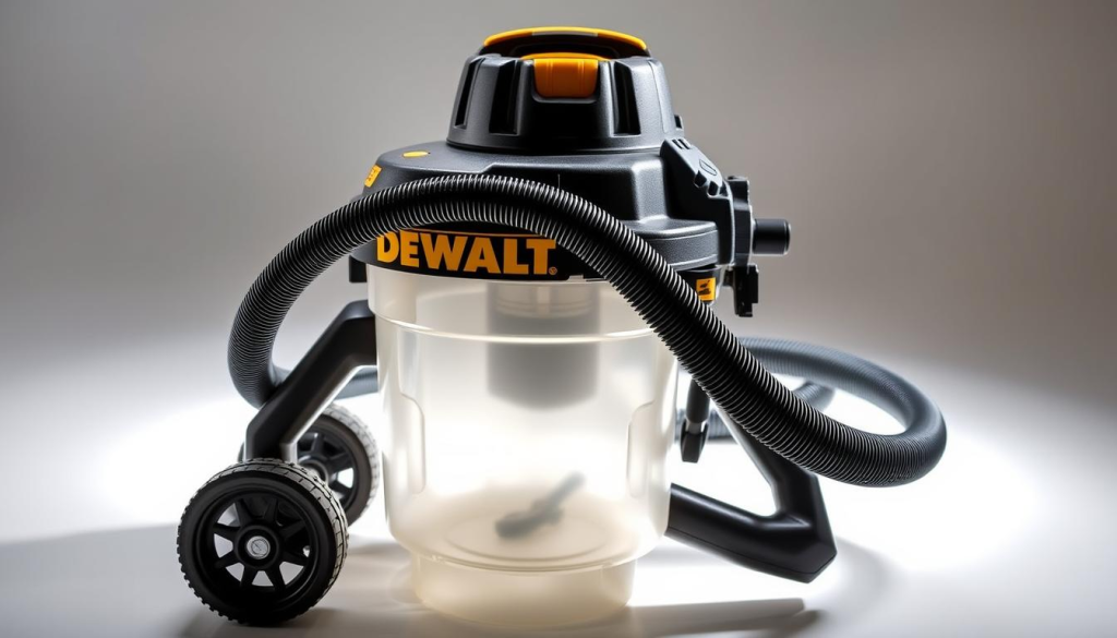 A sleek and powerful DEWALT wet/dry shop vac, its sturdy black and yellow exterior gleaming under bright studio lighting. The sturdy construction and durable rubber wheels convey a sense of rugged reliability, perfect for tackling tough cleanup jobs in the workshop or garage. The large transparent dust canister is prominently displayed, showcasing its impressive capacity. The hose and attachments are neatly arranged, ready for easy access. The composition emphasizes the vac's key features and practical utility, capturing the essence of a high-quality DEWALT shop vacuum that can handle a wide range of cleanup needs.