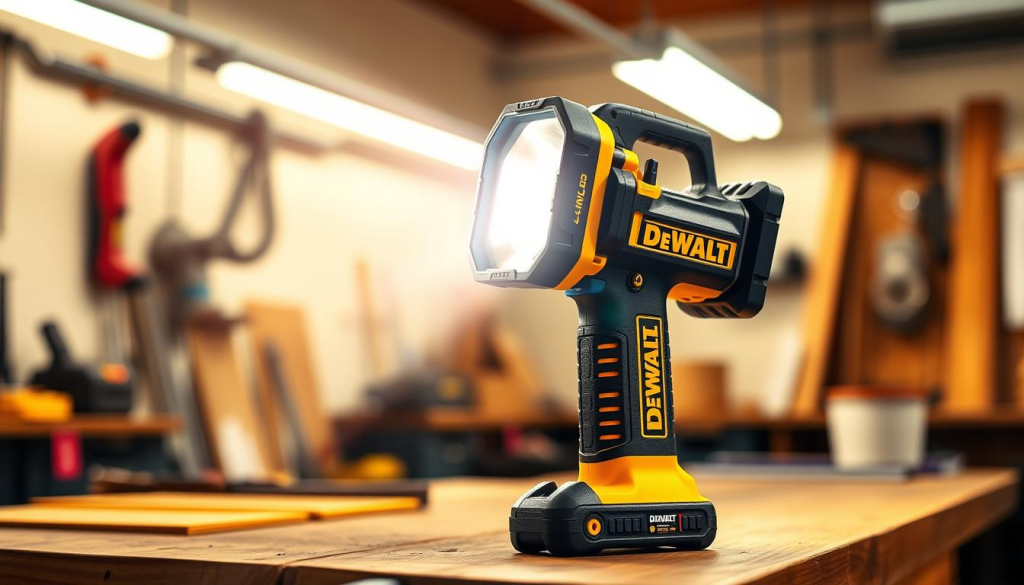 A sleek and rugged DEWALT portable worklight standing tall on a workbench, its powerful LED illumination casting a warm glow across the scene. The light's sturdy, ergonomic design with a pivoting head is meticulously detailed, showcasing its versatility. In the background, a clean, well-lit workshop setting with subtle hints of tools and materials, creating an atmosphere of productive efficiency. Warm, natural lighting enhances the DEWALT branding, highlighting the quality and reliability of this essential workshop companion. The image conveys the overall versatility and usefulness of this DEWALT LED worklight for a wide range of tasks.