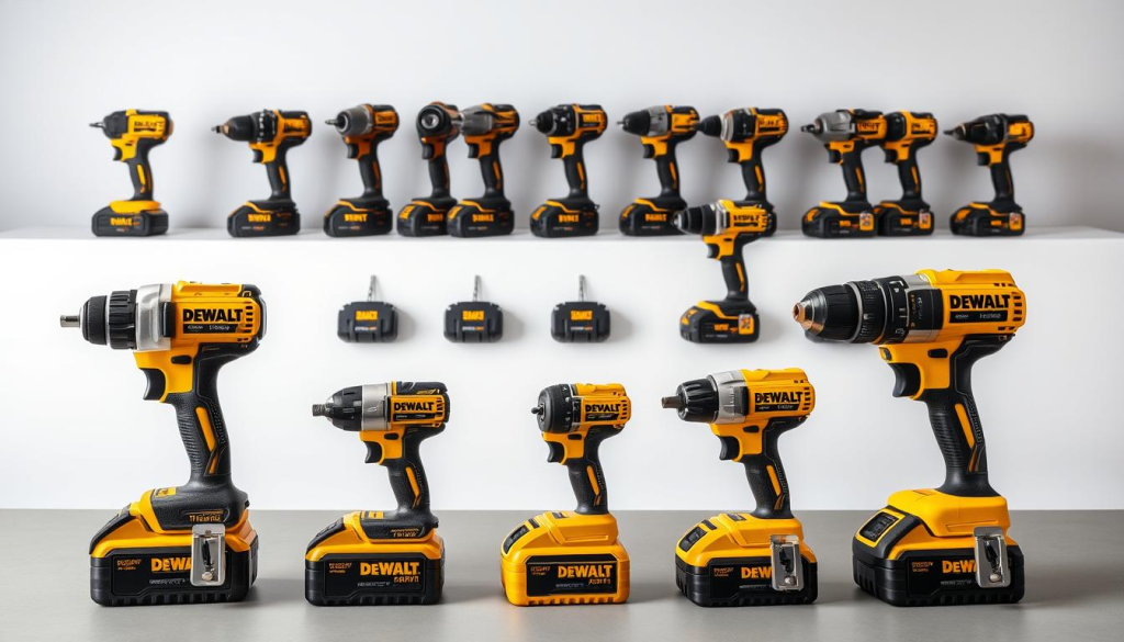 A sleek, high-quality comparison of DEWALT impact drivers against their top competitors, captured in a professional-grade product photography setup. The foreground features the DEWALT drivers in an organized, well-lit display, showcasing their distinctive designs and features. The middle ground includes various competing impact drivers arranged for side-by-side assessment, allowing viewers to appreciate the unique attributes of each model. The background maintains a clean, neutral tone, emphasizing the products as the focal point. Crisp, detailed images captured with a high-resolution camera and carefully adjusted lighting to highlight the tools' textures, materials, and ergonomic elements, conveying a sense of quality and technical expertise.