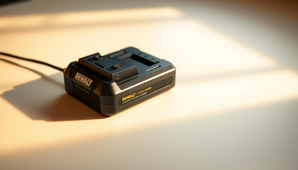 A sleek, modern Dewalt lithium-ion battery charger rests on a clean, minimalist workspace. The charger's sturdy, rectangular frame is crafted from durable black plastic, with the Dewalt logo prominently displayed. Crisp LED indicators showcase the charging status of the connected battery. Warm, directional lighting from an unseen source casts subtle shadows, emphasizing the charger's clean lines and understated design. The charger is positioned at a slight angle, inviting the viewer to examine its intuitive controls and efficient charging capabilities. The overall mood is one of technological sophistication and reliable power, reflecting the quality and innovation Dewalt is known for.