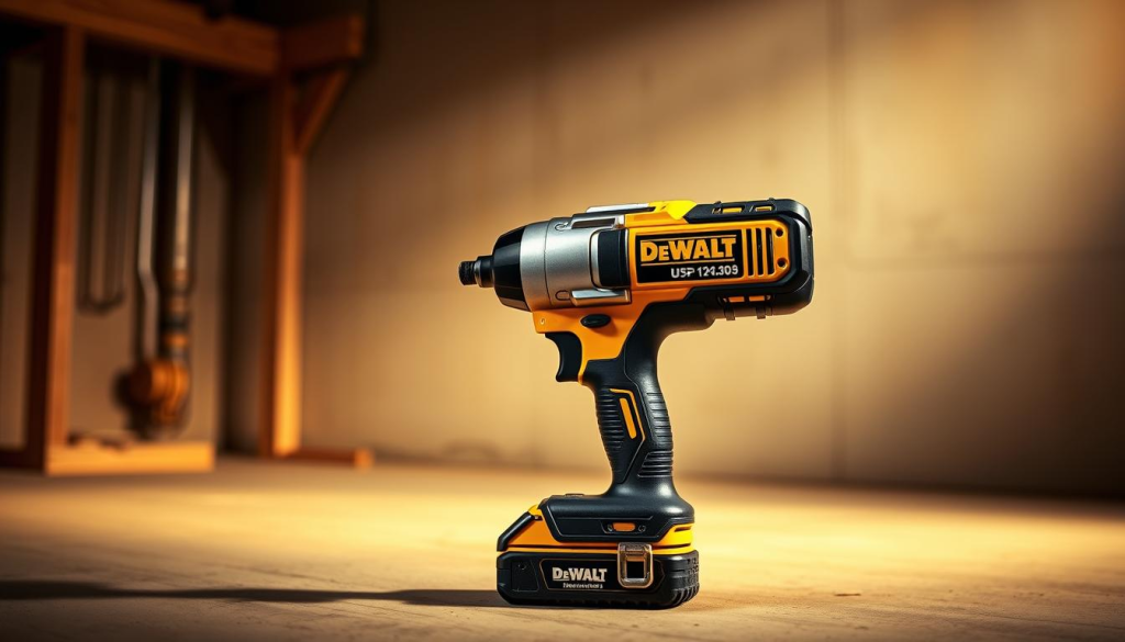 A sleek, professional-grade DeWalt cordless impact wrench set against a clean, industrial-inspired backdrop. Meticulously detailed, the wrench features a robust, ergonomic design with a powerful brushless motor and variable speed trigger for precise control. Illuminated by warm, directional lighting, casting subtle shadows that accentuate the wrench's robust build and premium materials. The scene exudes a sense of power, efficiency, and the quality craftsmanship that defines the DeWalt brand, capturing the essence of a tough, reliable tool built to tackle the most demanding tasks.