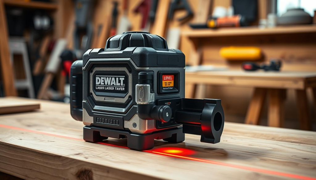 A sturdy DEWALT laser level resting on a wooden workbench, its bright red laser beam casting a precise line across the surface. The level's sleek, industrial design is accentuated by crisp shadows and highlights, conveying a sense of quality craftsmanship. In the background, a softly blurred workspace filled with tools and materials, suggesting a DIY project in progress. The overall scene exudes a professional, well-organized atmosphere, inspiring confidence in the laser level's ability to provide accurate guidance for home improvement tasks.