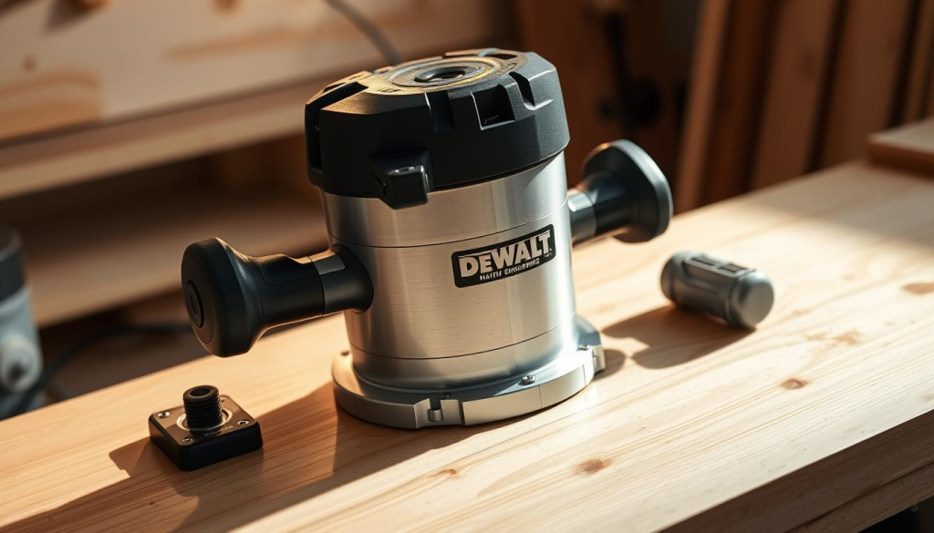 A well-crafted DEWALT router with precision engineering, bathed in warm studio lighting that accentuates its sleek design and premium metal construction. The router is positioned on a clean, uncluttered wooden workbench, casting a soft, angular shadow that conveys its solid, dependable presence. The background is softly blurred, placing the focus squarely on the router's intricate details, such as its ergonomic handles, adjustable depth settings, and smooth-operating controls. An atmosphere of quality, functionality, and professional-grade woodworking emanates from the scene.
