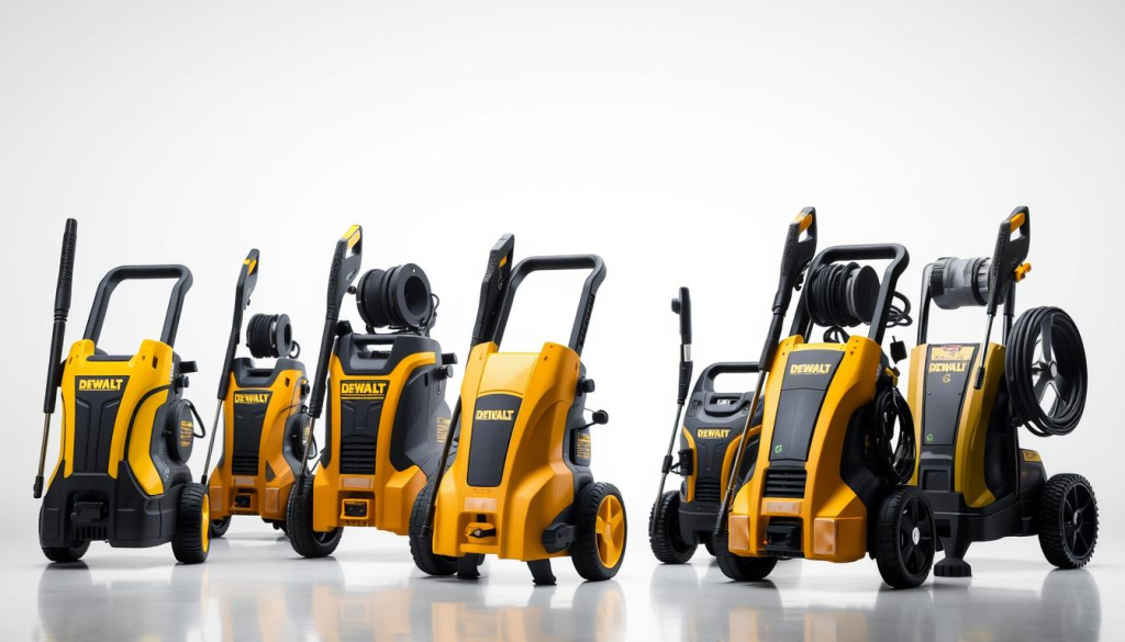 A well-lit and detailed product shot of several DEWALT pressure washer models arranged in a visually appealing composition. The models are prominently displayed against a clean, minimalist background, allowing their key features and design elements to be clearly visible. The lighting is crisp and evenly distributed, creating a sense of depth and highlighting the sleek, durable construction of the washers. The placement of the models suggests a harmonious arrangement, showcasing the range of options available in the DEWALT lineup. The overall mood is professional, technical, and showcases the high-quality engineering of these powerful cleaning tools.