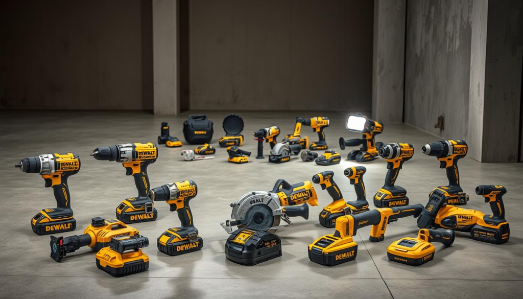 A well-lit and meticulously detailed still life image showcasing an assortment of DEWALT cordless power tools. The foreground features a variety of tools including a drill, impact driver, circular saw, and reciprocating saw, all arranged in a visually appealing composition. The middle ground displays additional cordless tools such as a grinder, sander, and a work light, highlighting the breadth of the DEWALT ecosystem. The background depicts a clean, industrial-style setting with a concrete floor and neutral-toned walls, allowing the tools to take center stage. The lighting is soft and directional, casting subtle shadows and emphasizing the high-quality, professional-grade construction of the DEWALT products. The overall mood is one of precision, reliability, and the versatility of the DEWALT cordless power tool lineup.