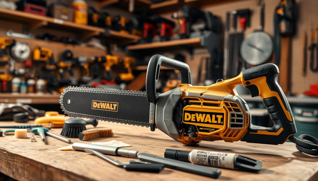 A well-lit and meticulously detailed workshop setting, showcasing a DEWALT reciprocating saw undergoing routine maintenance. In the foreground, the saw's internal components are displayed with precision, highlighting the meticulous attention required to maintain peak performance. The middle ground features various maintenance tools, such as brushes, lubricants, and cleaning cloths, arranged in an organized manner. The background captures the overall workshop atmosphere, with shelves of power tools and a clean, organized workspace, conveying a sense of professionalism and attention to detail. The lighting is warm and focused, casting a subtle glow on the scene, emphasizing the importance of proper reciprocating saw maintenance for longevity and optimal cutting power.