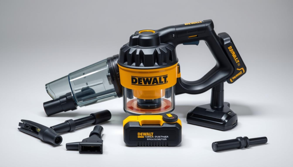 A well-lit, close-up photograph of a DEWALT cordless vacuum, showcasing its key features. The device is prominently displayed in the center, with a smooth, high-quality finish and a sleek, modern design. The image highlights the brushless motor, detachable dust cup, and various attachments, such as the crevice tool and extension wand, arranged neatly around the vacuum. The lighting is soft and even, accentuating the product's details and creating a professional, yet approachable atmosphere. The background is a neutral, clean environment, allowing the vacuum to be the focal point of the image.