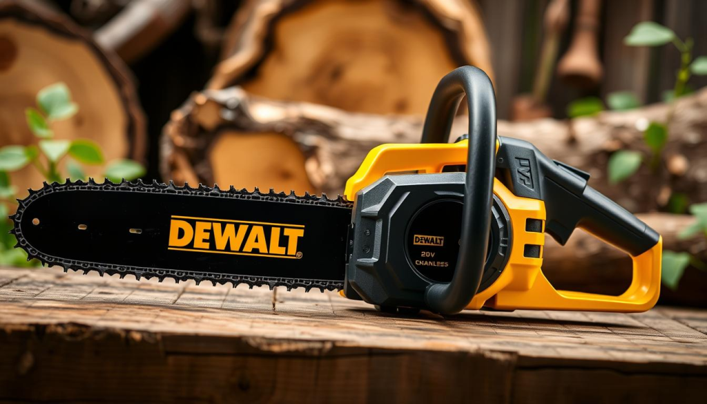 A well-lit, close-up shot of a DeWalt 20V Cordless Chainsaw, its sleek black and yellow body gleaming under soft studio lighting. The saw rests on a wooden surface, with a background of natural wood textures and greenery, conveying a sense of outdoor power and versatility. The chainsaw appears sturdy and well-engineered, its high-performance motor and sharp blade ready to tackle any cutting task with ease. The image captures the product's quality and durability, reflecting the positive user reviews and testimonials featured in the article.