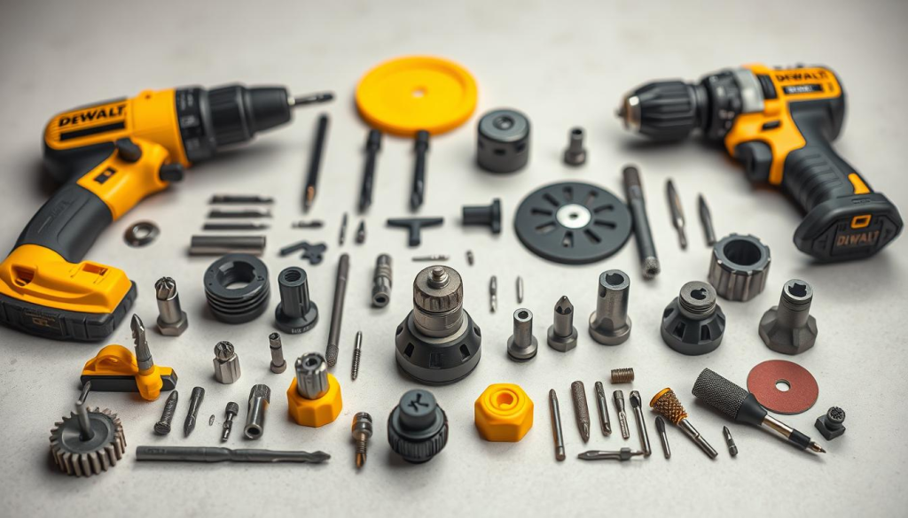 A well-lit close-up shot of an assortment of Dewalt drill accessories, including a variety of drill bits, driver bits, sanding discs, and other attachments, arranged neatly on a clean, neutral-colored surface. The accessories are showcased in a way that highlights their quality, durability, and compatibility with Dewalt power tools. The lighting is soft and diffused, creating a sense of professionalism and attention to detail. The overall composition emphasizes the breadth of options available to enhance the capabilities of a Dewalt drill, catering to a wide range of project needs.