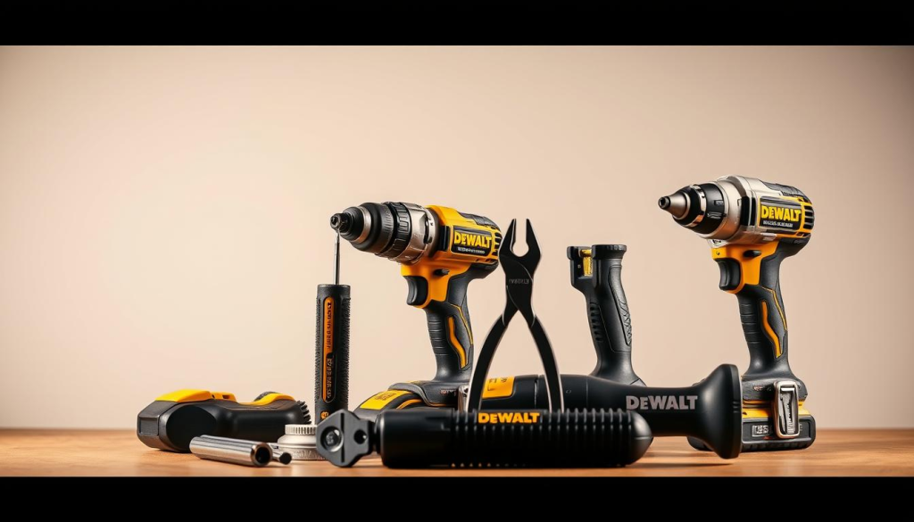A well-lit, close-up shot of various DEWALT power tools and accessories neatly arranged on a workbench against a plain, neutral background. The tools are positioned to showcase their intricate details, with a screwdriver, pliers, and a wrench prominently displayed. Soft, directional lighting illuminates the scene, creating subtle shadows and highlights that accentuate the tools' rugged, high-quality construction. The overall mood is one of precision, professionalism, and attention to detail, conveying the importance of proper tool maintenance for DEWALT equipment.
