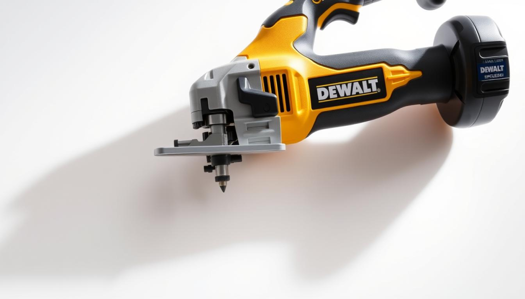 A well-lit, close-up view of a DEWALT cordless jigsaw, showcasing its durable construction and ergonomic design. The jigsaw is positioned on a clean, neutral background, allowing the details to take center stage. The blade is extended, and the variable-speed trigger is visible, highlighting the tool's precision and control. Soft shadows cast by the jigsaw create depth and dimensionality, while the overall lighting is bright and evenly distributed, creating a professional, product-focused aesthetic. The image conveys the reliability and ease of maintenance that DEWALT jigsaws are known for, aligning with the article's focus on "Maintenance Tips for DEWALT Jigsaws".