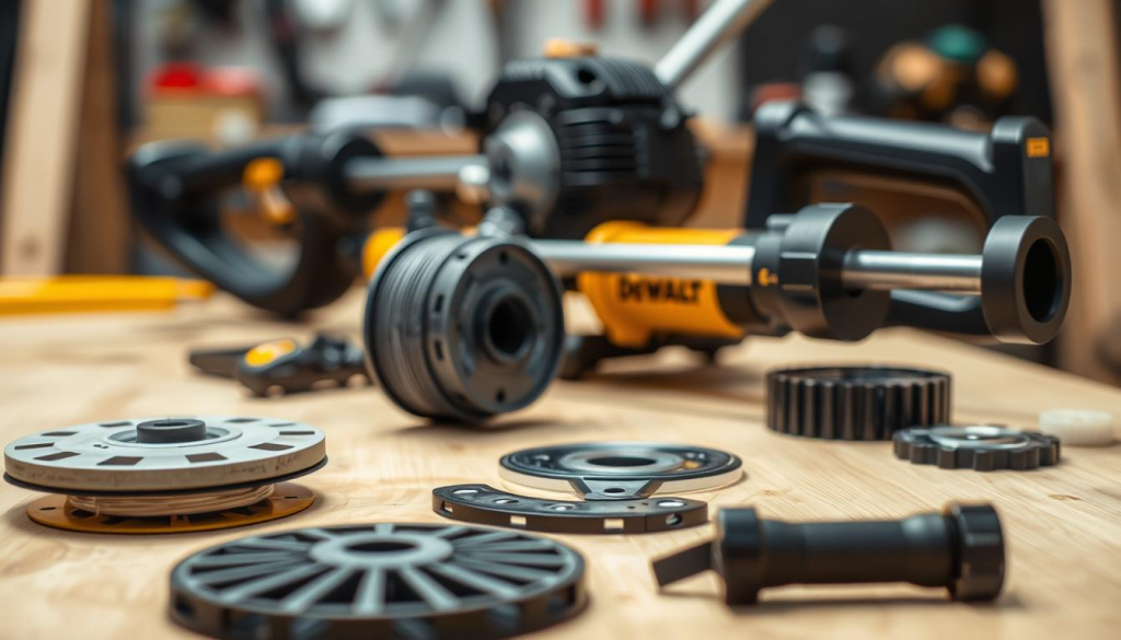A well-lit, close-up view of a DEWALT grass trimmer undergoing maintenance. The trimmer is disassembled, with various components laid out neatly on a clean, wooden workbench. The foreground features the trimmer's spool, string, and guard, highlighting the intricate details. The middle ground showcases the trimmer's motor and shaft, while the background subtly blurs to maintain focus on the maintenance process. The lighting is soft and even, creating a sense of clarity and attention to detail. The overall atmosphere conveys a professional, step-by-step approach to maintaining the powerful DEWALT grass trimmer.