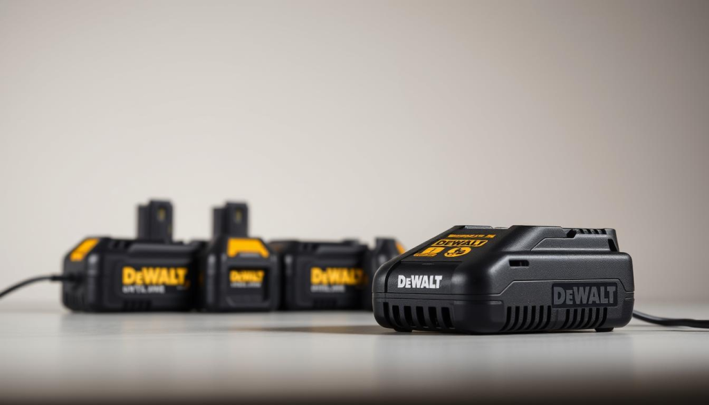 A well-lit, close-up view of a DeWalt battery charger set against a neutral background. The charger is positioned prominently in the foreground, with its ports, indicators, and controls clearly visible. Subtle shadows and highlights accentuate the charger's sleek, industrial design. The middle ground features a selection of DeWalt batteries of varying sizes, neatly arranged to suggest troubleshooting and compatibility. The background is softly blurred, creating a sense of focus on the technical details of the charger. The overall mood is one of precision, professionalism, and problem-solving.