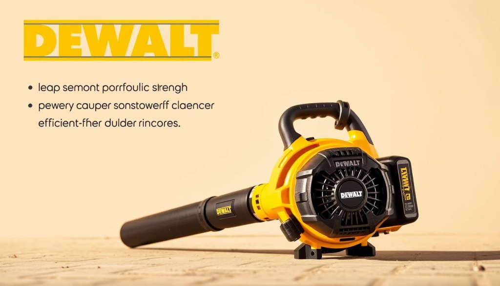 A well-lit, detailed close-up image of the DEWALT blower showcasing its key features and benefits. The blower is positioned prominently in the foreground, with a clean, neutral background to focus attention on the device. The image highlights the powerful airflow, efficient design, and durable construction of the DEWALT blower, conveying its ability to effortlessly clear yards and outdoor spaces. Subtle shadows and highlights accentuate the blower's form, while warm, natural lighting creates a professional, high-quality aesthetic. The overall mood is one of strength, efficiency, and reliable performance, reflecting the DEWALT brand's reputation for quality tools.